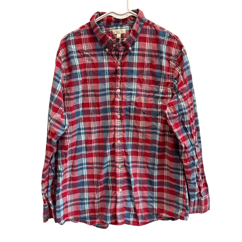 Sonoma‎ Goods for Life Mens Large Red Blue Plaid Button Down 100% Cotton Shirt